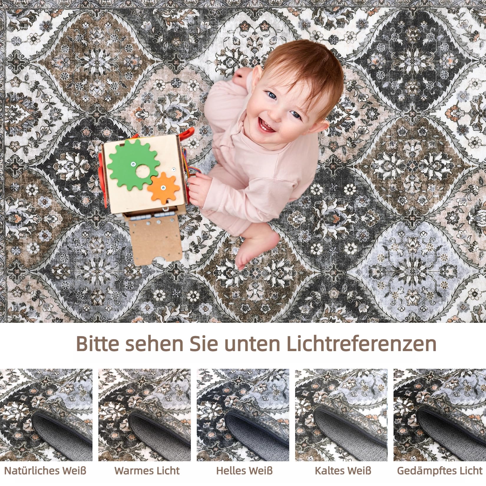 Tappeti vintage lavabili Garvee 160x230cm, tappetino pieghevole per interni a pelo corto, morbido e antiscivolo, grigio marrone, soggiorno, ufficio, cameretta dei bambini