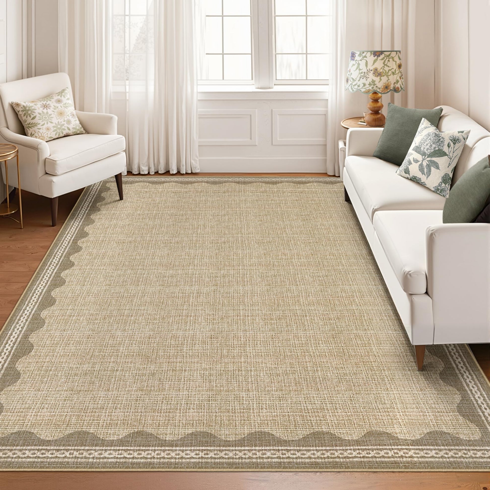 Tappeto lavabile Garvee grande 160x230 cm per soggiorno e camera da letto, antiscivolo, motivo a onde moderno, colore lino