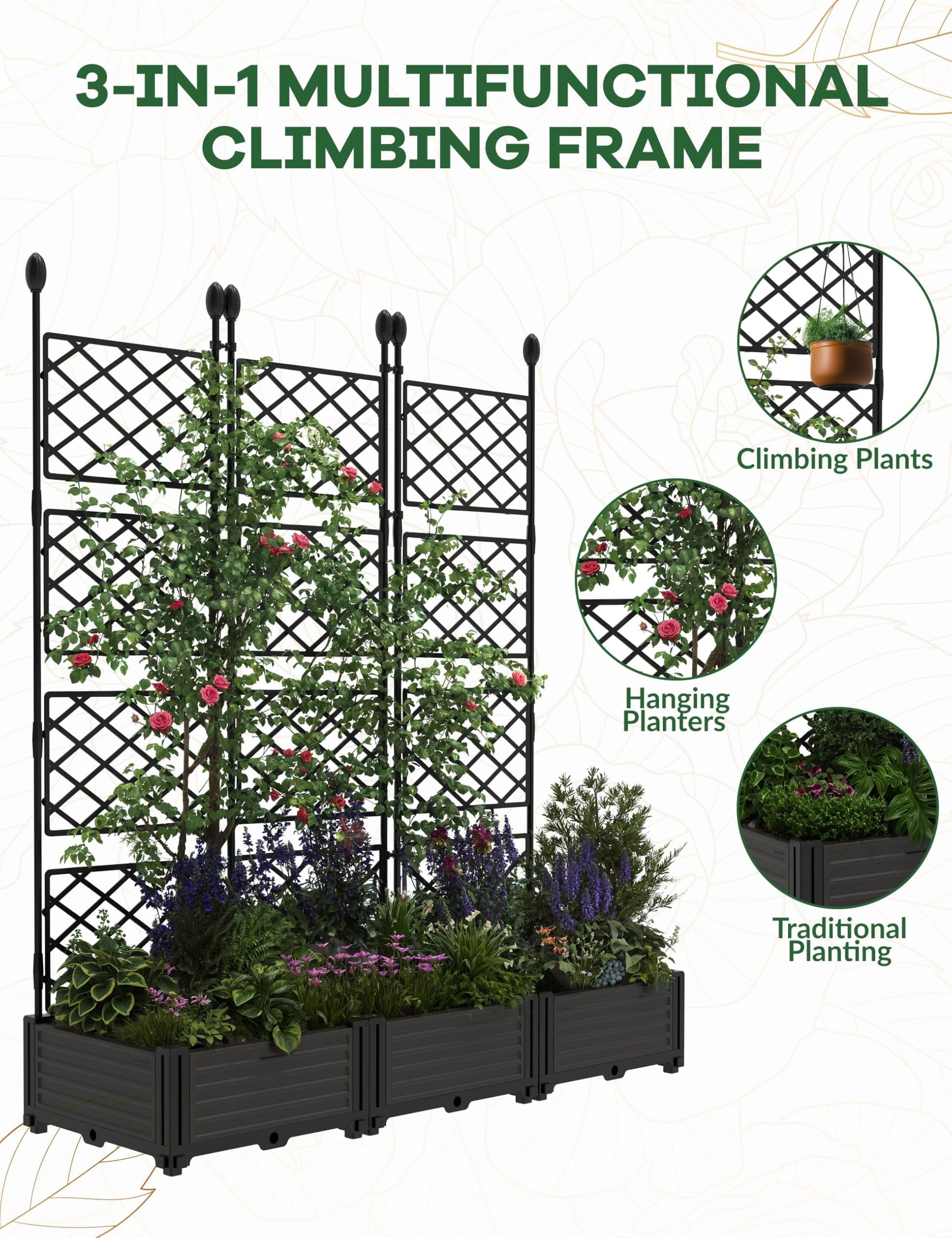 Aiuola rialzata Garvee da 3 pezzi con traliccio, in plastica, antivento, resistente, per balcone e giardino, nera