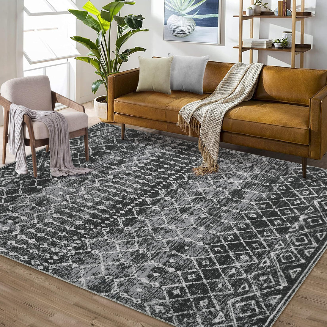 Tappeto GARVEE Boho in stile marocchino, 160x230 cm, nero, lavabile e antimacchia, pelo corto, antiscivolo, per soggiorno e ufficio