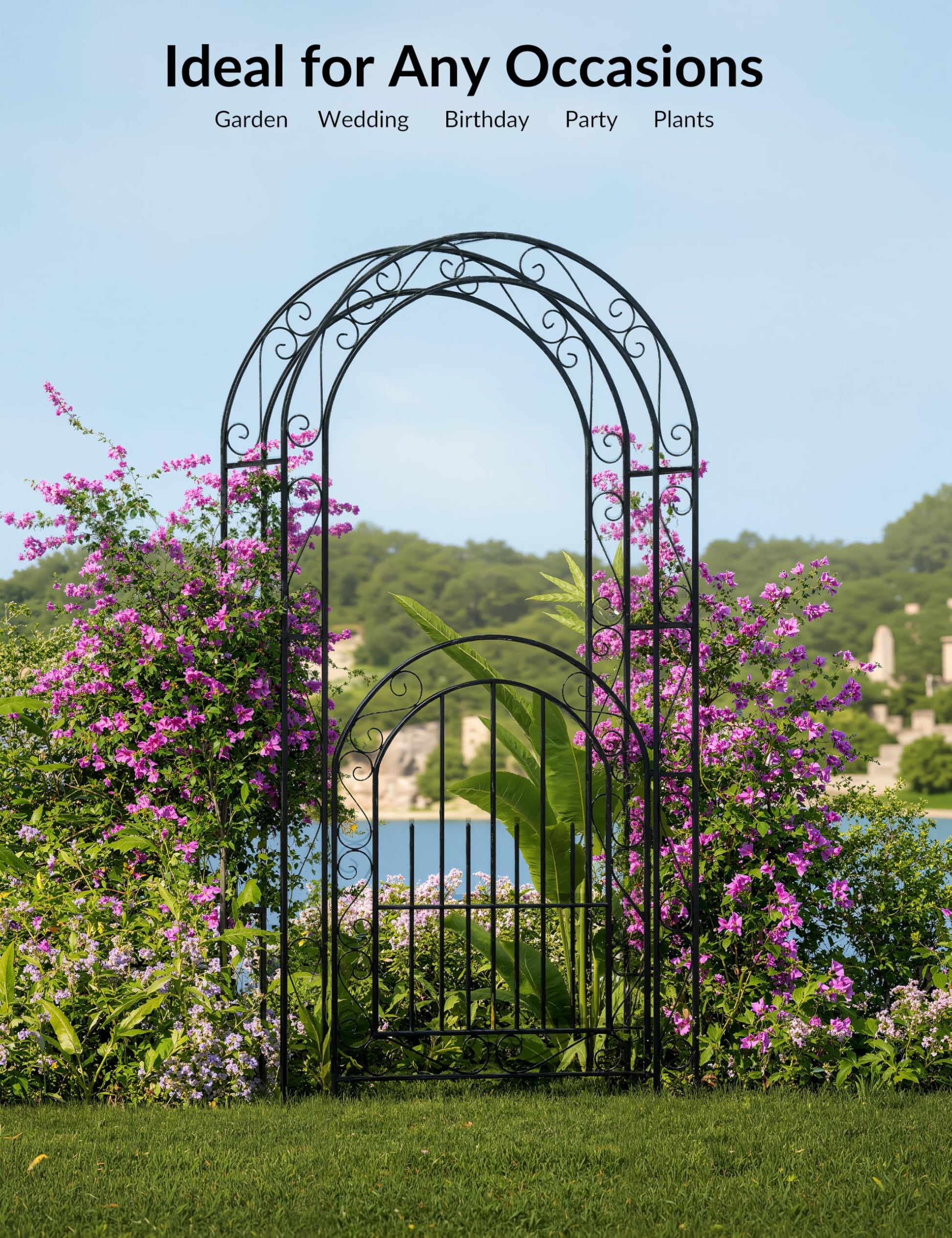Arco da giardino in acciaio Garvee da 8 piedi, resistente alle intemperie, robusto, elegante, nero, con cancello, ideale per matrimoni e giardino