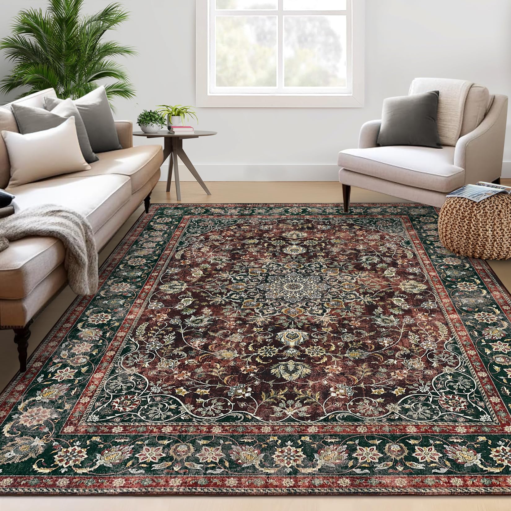 Tappeto per soggiorno Garvee 120x170cm, marrone rossiccio, vintage, lavabile, antiscivolo, per cucina, corridoio, sala da pranzo