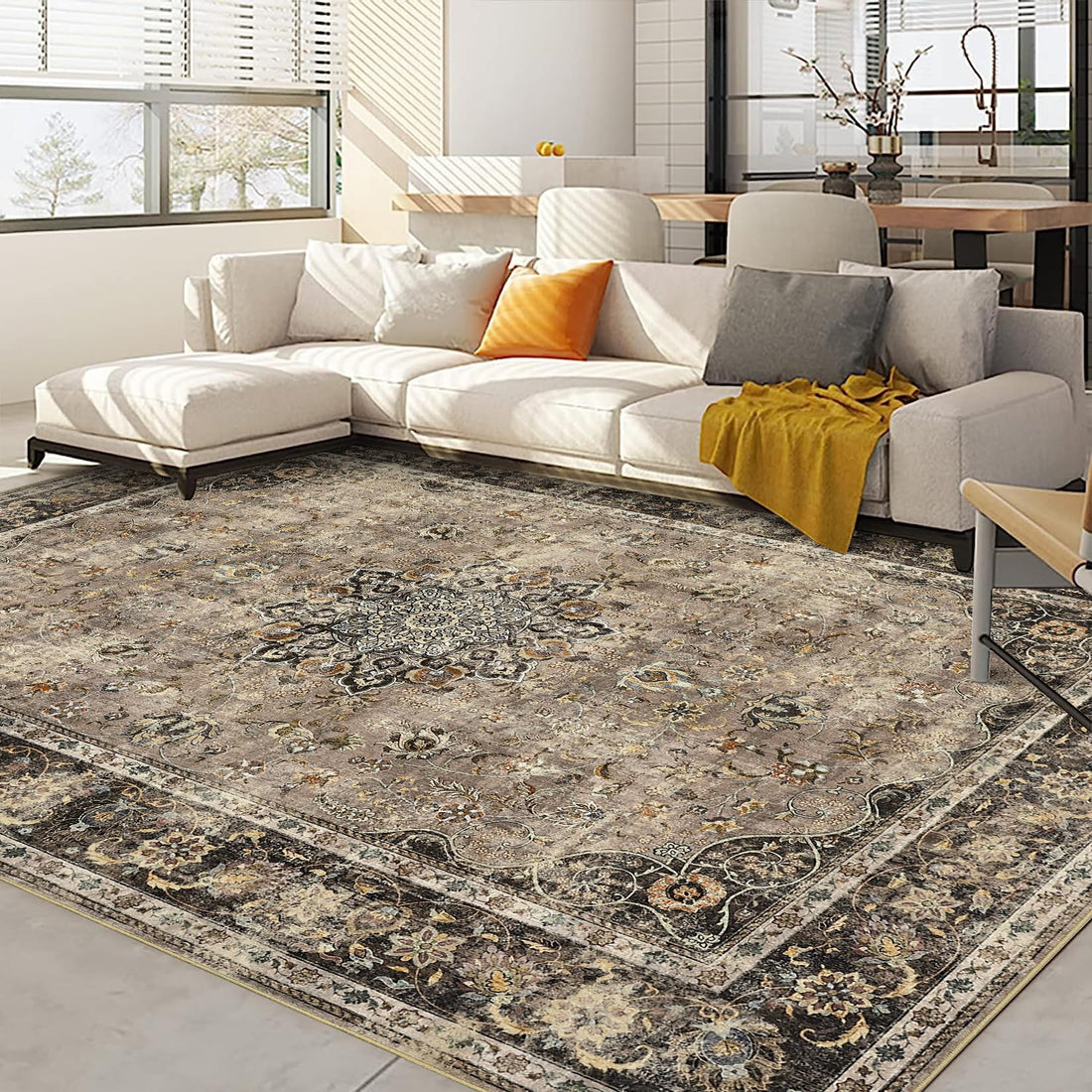 Tappeto Garvee 160x230cm, lavabile, retrò, per soggiorno, cammello, morbido, antiscivolo, grande, vintage, a pelo corto, per camera da letto, sala da pranzo, ufficio.