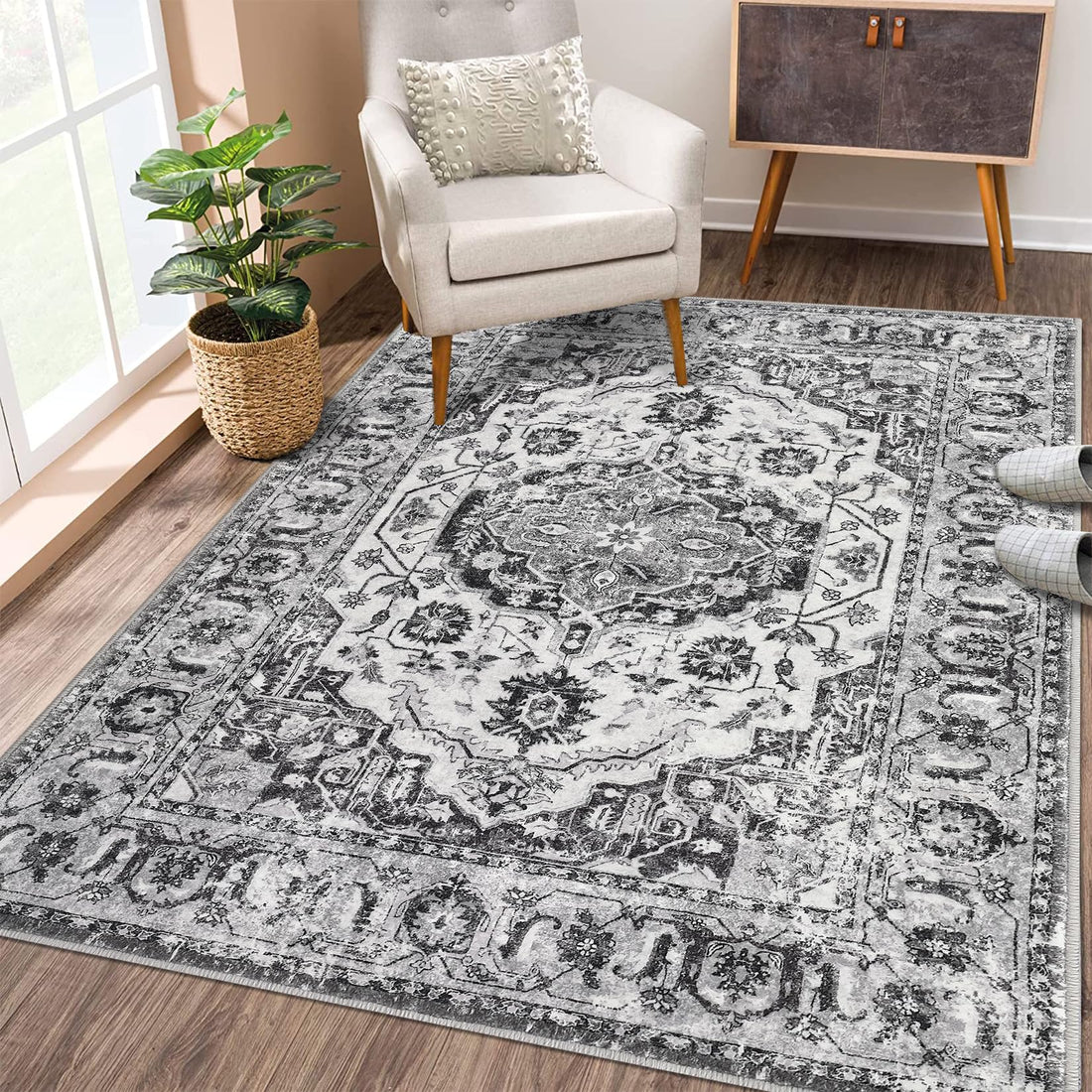 Tappeto GARVEE Classic Vintage Tradition, antiscivolo, resistente all'acqua e alle macchie, lavabile, per interni ed esterni, 160 x 230 cm, grigio