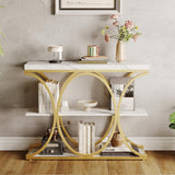 Garvee Tavolo Consolle Industriale 99 cm 3 Ripiani, Base Metallica Rotonda, Legno Ingegnerizzato, Stile Moderno, Oro e Marmo Bianco, Salotto e Ingresso - Gold And White-Circle