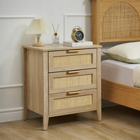 Comodino Garvee in rattan con 3 cassetti in vimini naturale, struttura in legno robusto per camera da letto e soggiorno, moderno, versatile, marrone