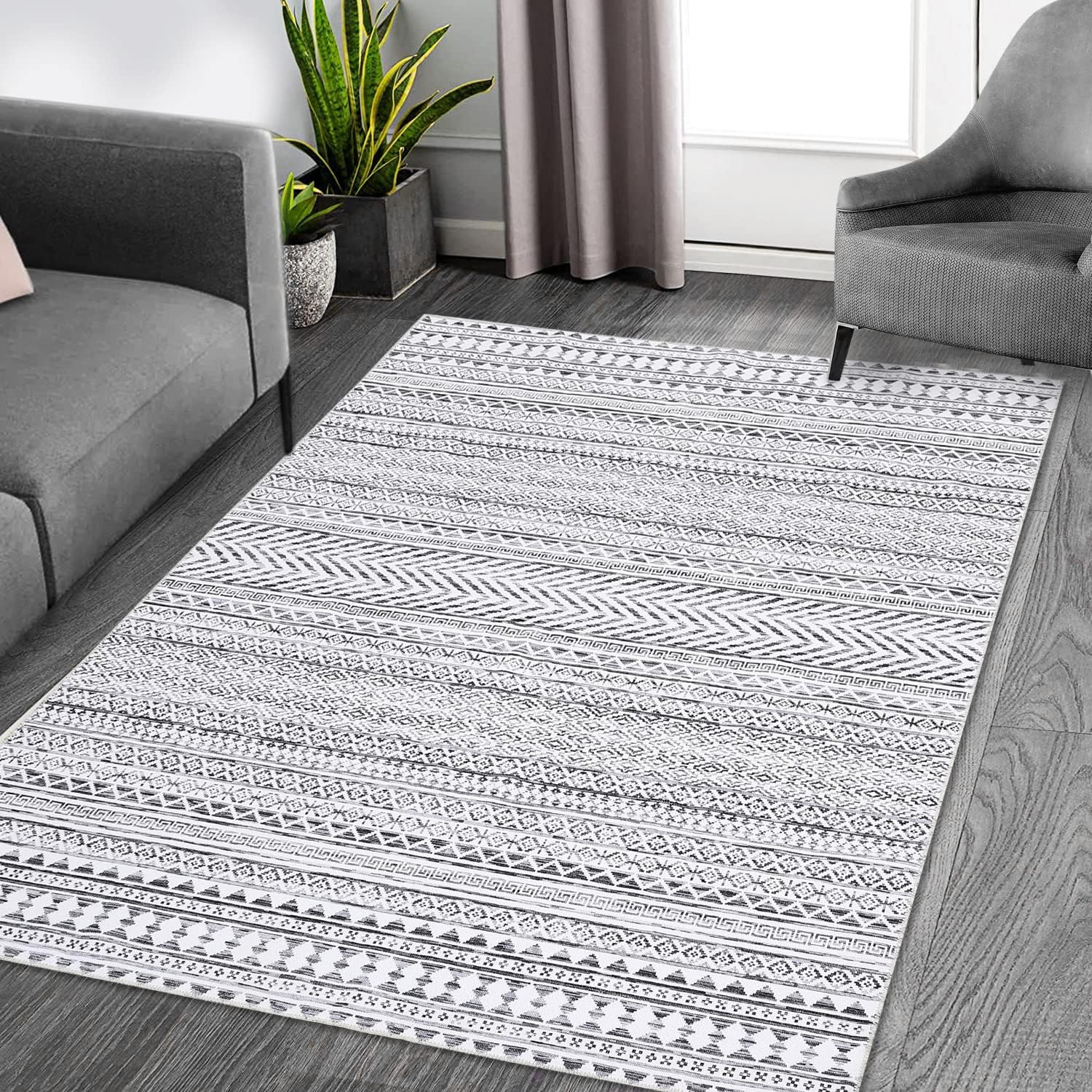 Tappeto a pelo corto GARVEE Boho in poliestere 240x340cm grigio | Fondo antiscivolo | Per soggiorno e camera da letto