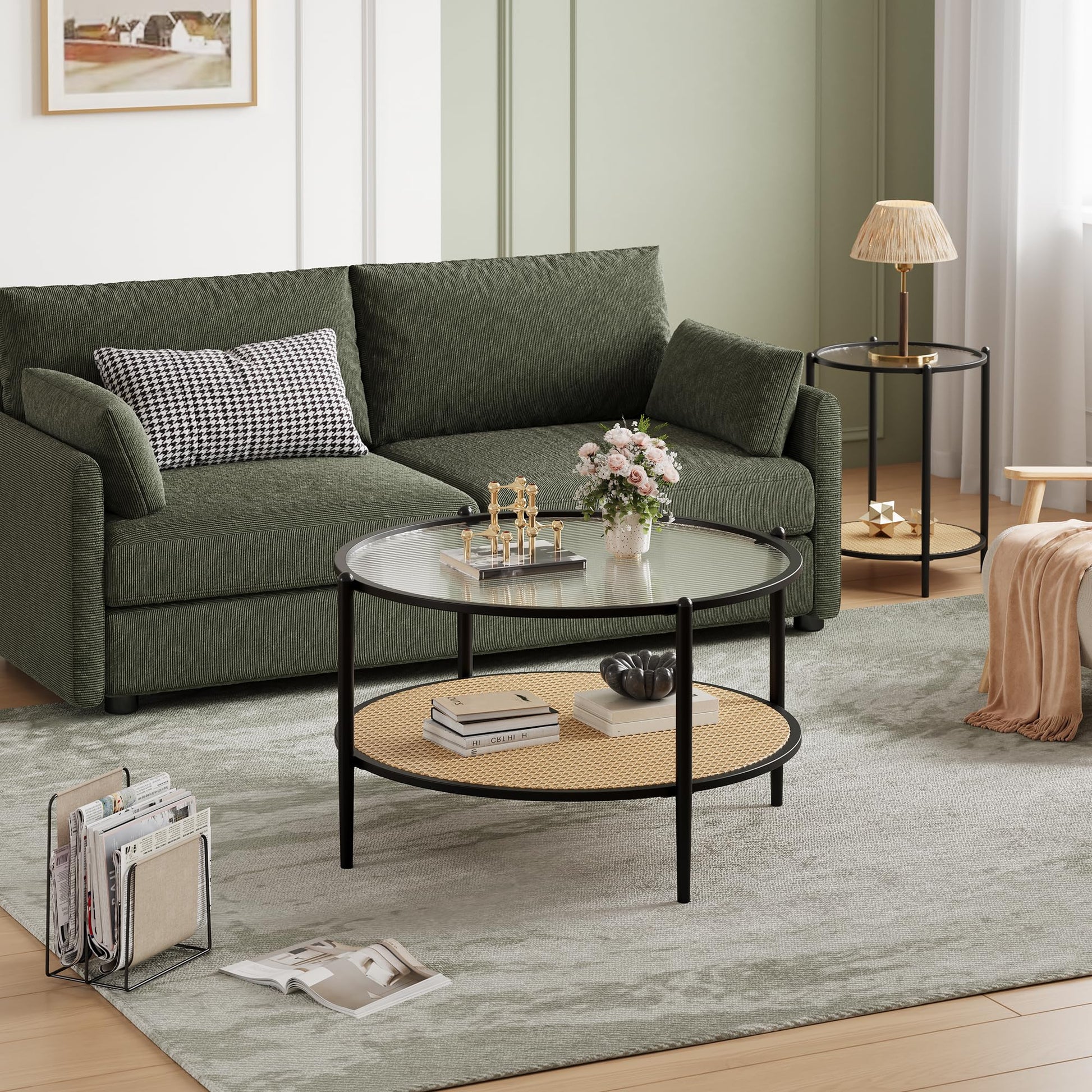 Tavolino da caffè Garvee in rattan da 30" con 2 ripiani, struttura in metallo, piano in vetro effetto onda, nero, soggiorno e ufficio, 30"