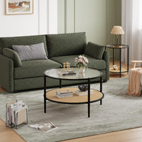 Tavolino da caffè Garvee in rattan da 30" con 2 ripiani, struttura in metallo, piano in vetro effetto onda, nero, soggiorno e ufficio, 30"