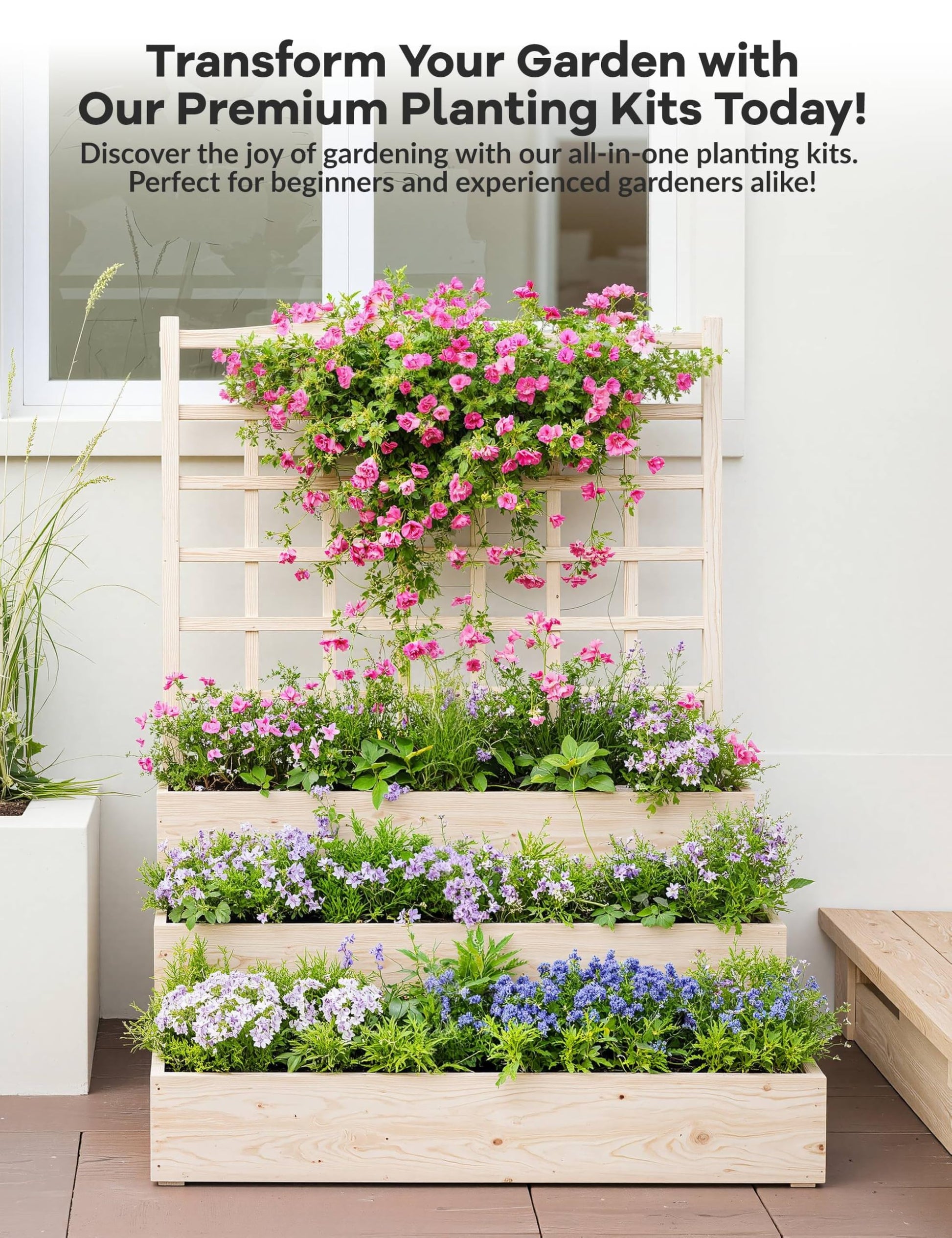 Aiuola rialzata Garvee a 3 livelli in legno di abete con traliccio per balcone e giardino, modulare, aperta, in legno naturale