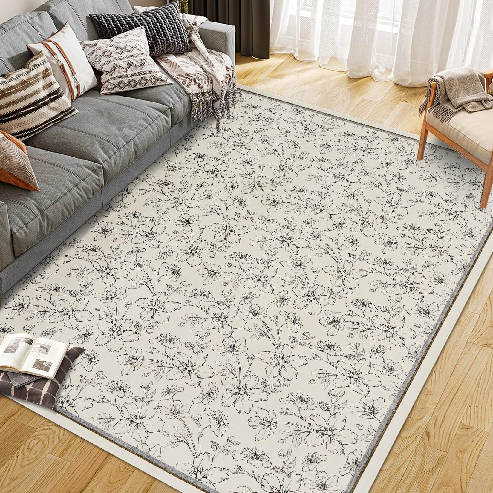 Tappeto per soggiorno Garvee 160x230cm, lavabile, a pelo corto, antiscivolo, vintage, floreale, beige, per cucina, cameretta, corridoio, sala da pranzo