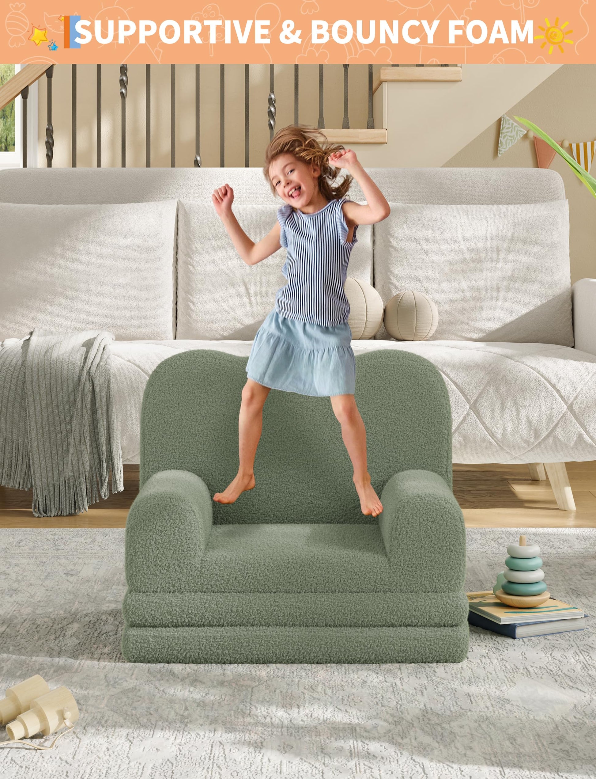 Divano e chaise longue pieghevole 2 in 1 Garvee Kids Couch, schiuma, morbido Sherpa, motivo a onde verdi, sala giochi, leggero, base antiscivolo