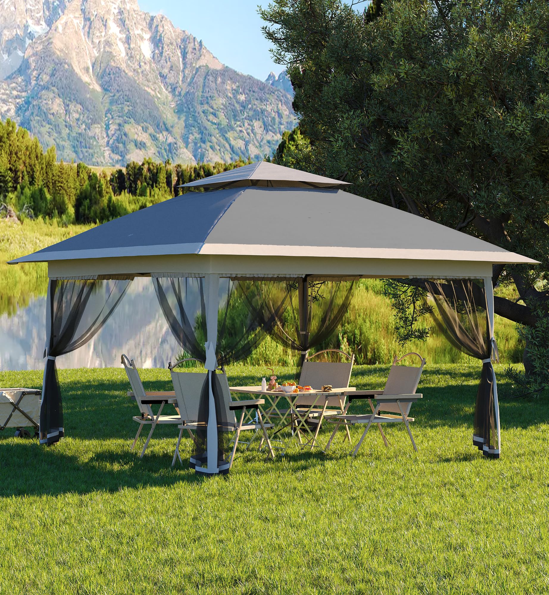 Gazebo pieghevole Garvee 13x13FT con zanzariera, struttura in acciaio robusto, giardino e patio, argento