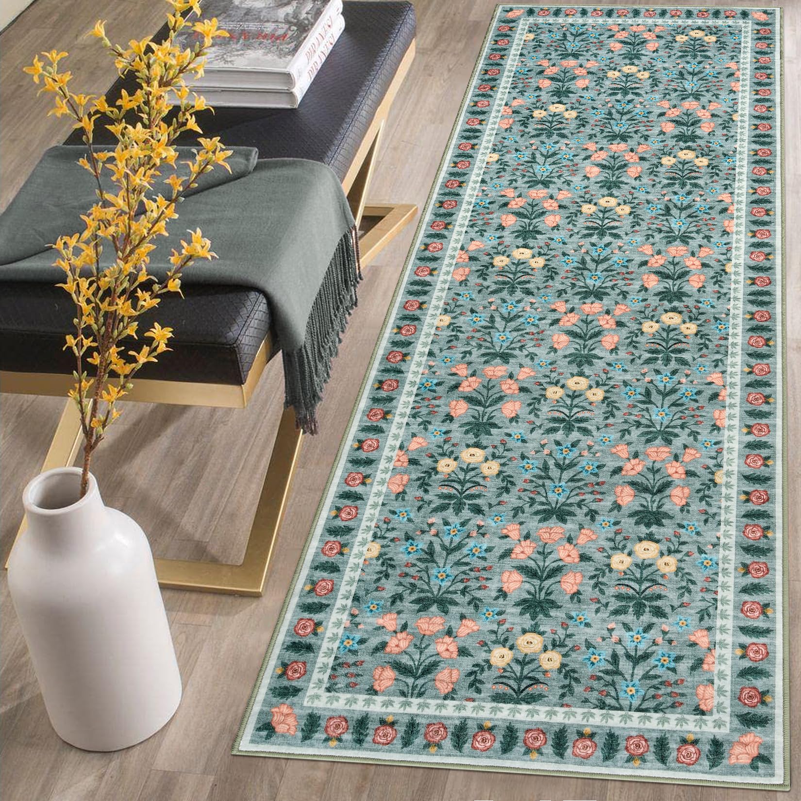 Tappeto decorativo Garvee Boho 80x150cm nero floreale, antiscivolo, pelo corto, fibra sintetica, facile da pulire, soggiorno e sala giochi