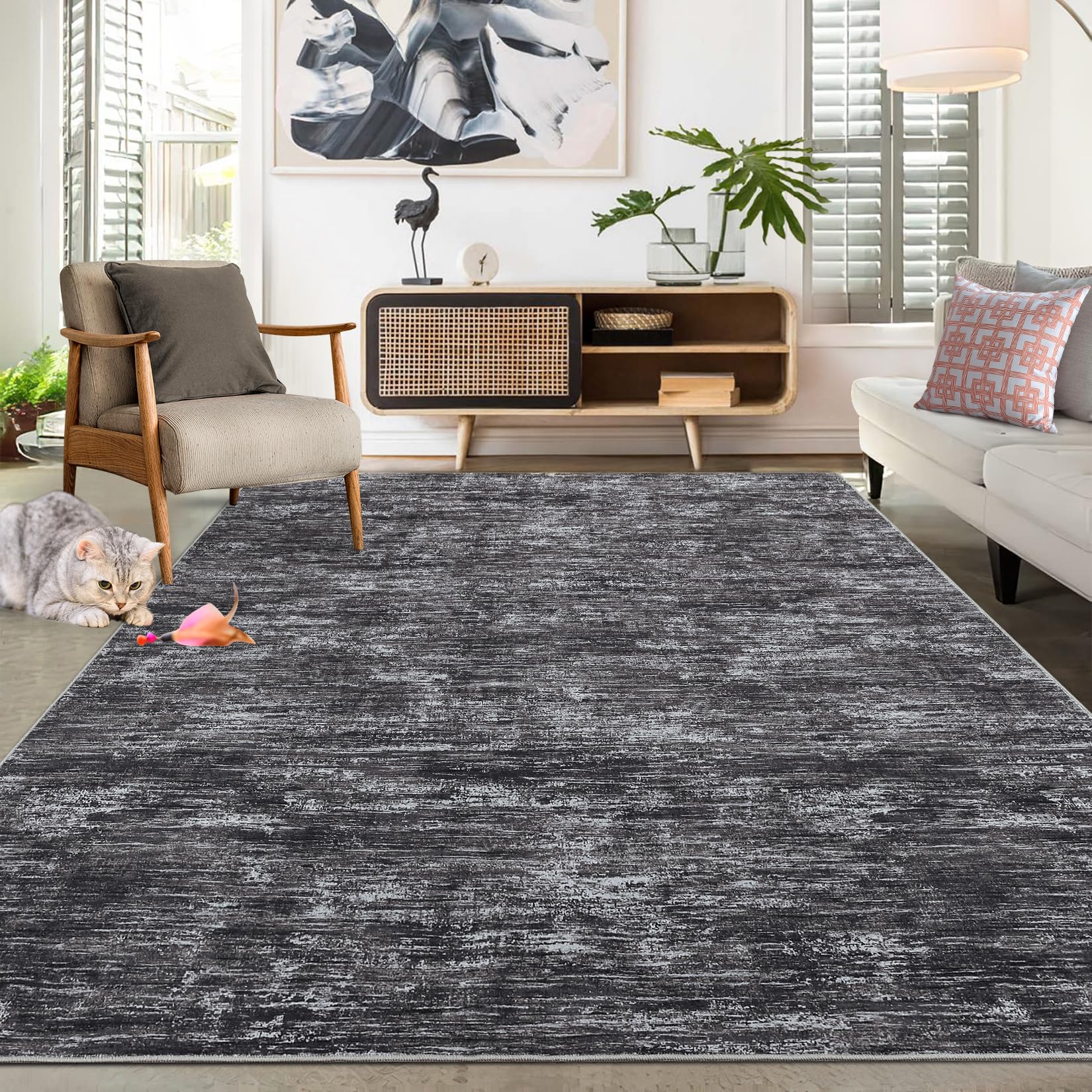 Tappeto rettangolare grande a pelo corto Garvee, tappeto moderno lavabile per sala giochi o camera da letto, grigio scuro, 160 x 230 cm