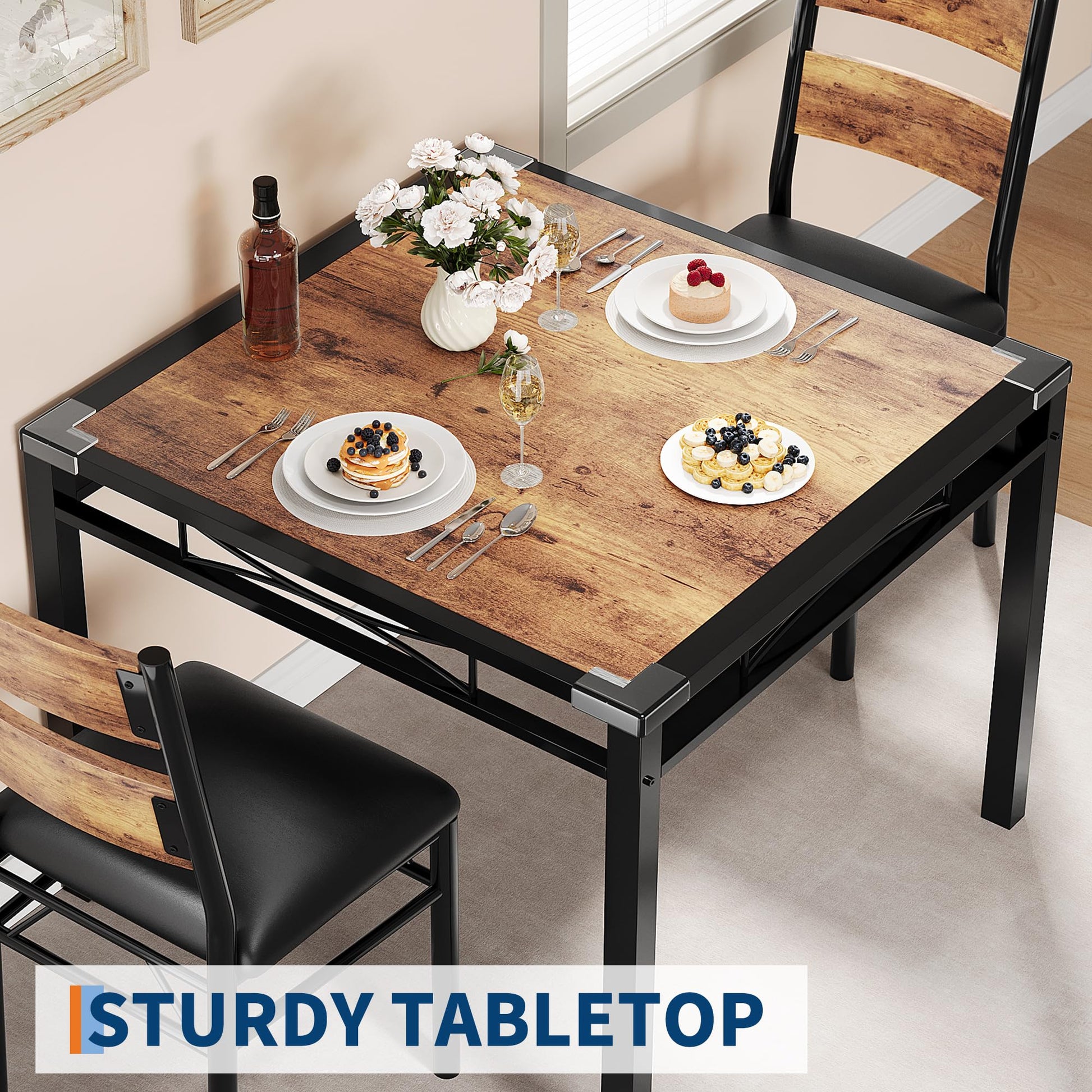Set da pranzo Garvee per 2 persone con sedie imbottite, protezioni angolari, robusto legno MDF, ergonomico, salvaspazio, marrone, cucina e appartamento