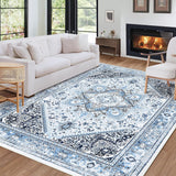 GARVEE Tappeto vintage bohémien blu 120x170 cm per soggiorno, camera da letto, sala da pranzo, lavabile in lavatrice, antiscivolo, pelo corto - Blu