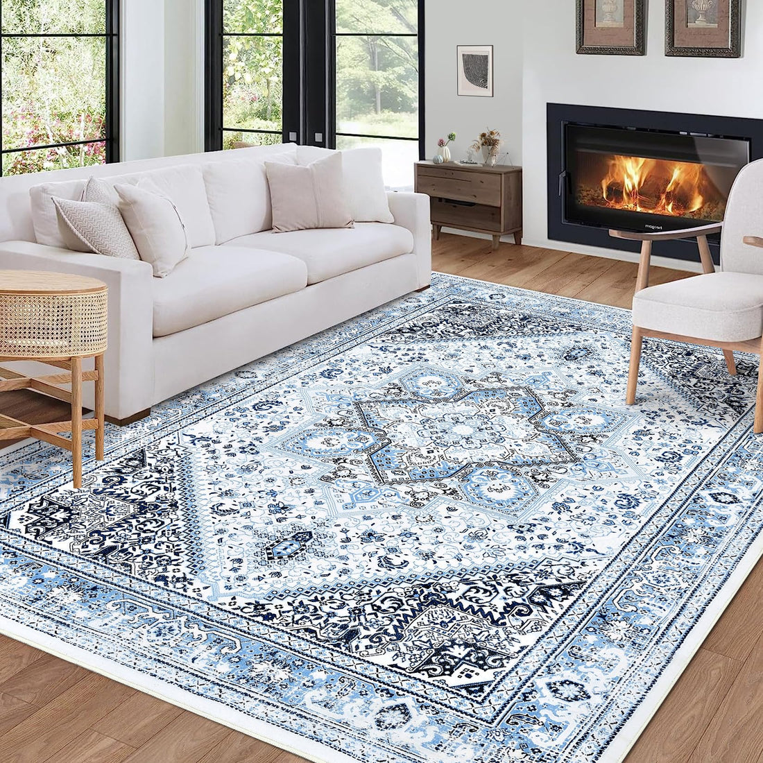 Garvee Teppich Vintage Orient-Design Rutschfest Weich Polyester Wasserabweisend 200x290cm Blau Wohnzimmer Schlafzimmer