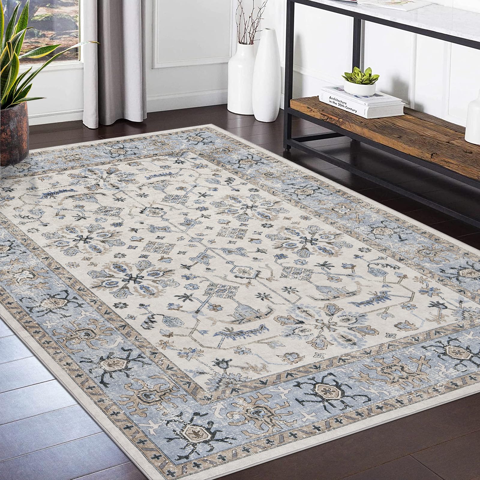 Tappeto lavabile Garvee, tappeto di ispirazione vintage, motivo floreale classico, 160x230 cm, morbido cotone cashmere, stile boho