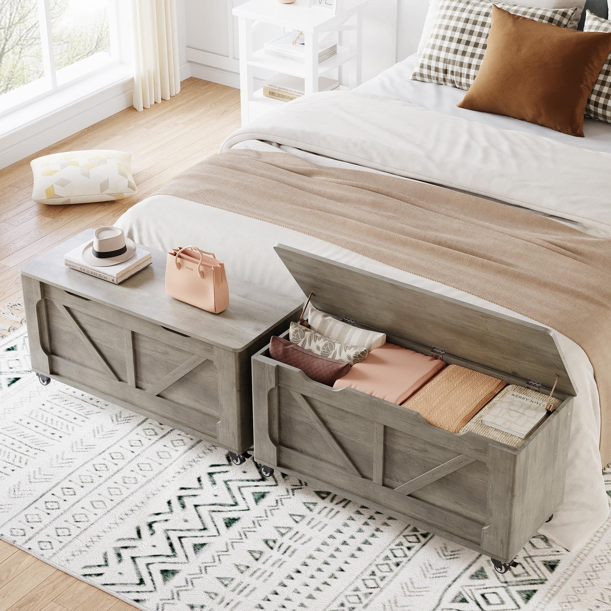 Panca portaoggetti Garvee con ruote, cassapanca in legno da 39,4", capacità di carico di 350 libbre, grigia, per corridoio e soggiorno, versatile