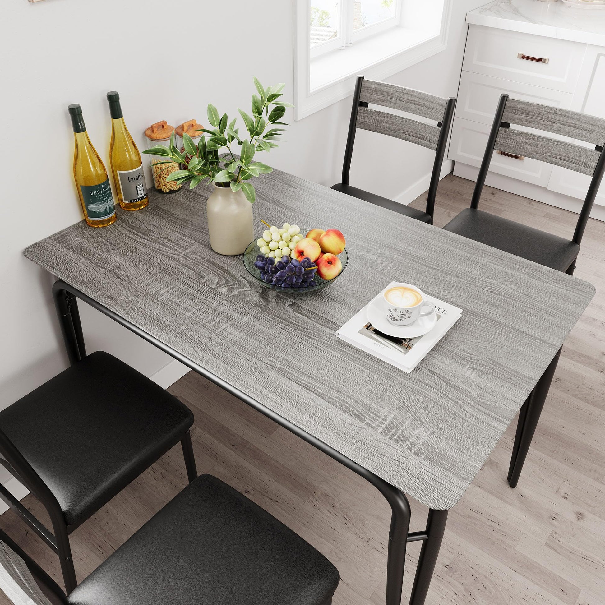 Tavolo da pranzo Garvee per 2 persone con sedie imbottite, legno MDF, struttura in metallo, salvaspazio, piccoli appartamenti, quadrato, grigio