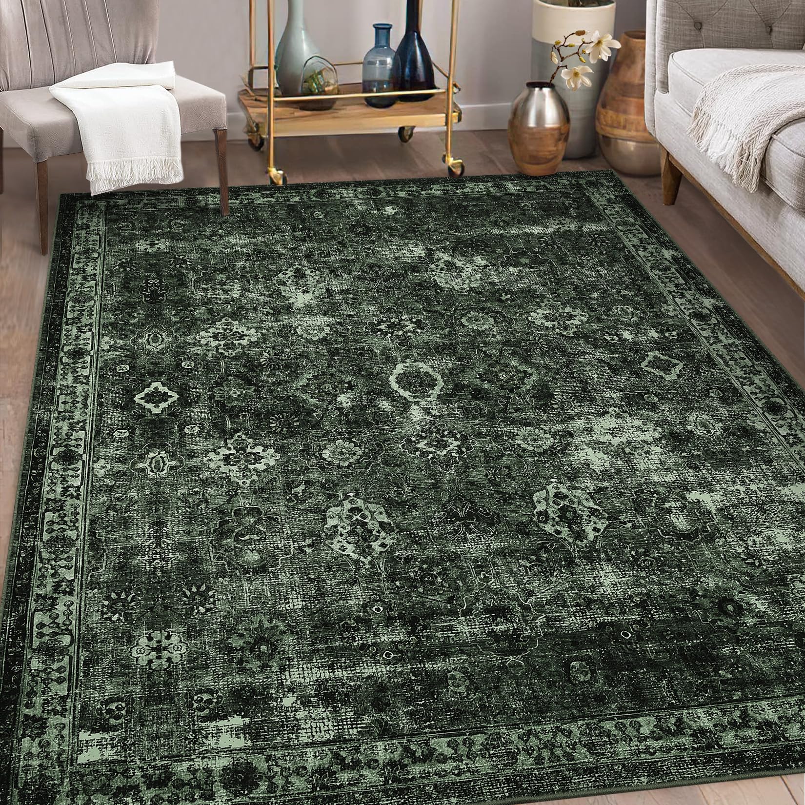 Tappeto Garvee Boho, Soggiorno, Vintage, Lavabile, Pelo Corto, Antiscivolo, Tappeti per Camera da Letto, Stile Retrò, 120x170 cm, Verde Scuro