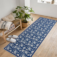 Tappeto per soggiorno Garvee 80 x 150 cm a pelo corto, antiscivolo, vintage, floreale, lavabile, blu