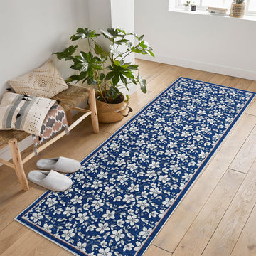 Tappeto per soggiorno Garvee 80 x 150 cm a pelo corto, antiscivolo, vintage, floreale, lavabile, blu