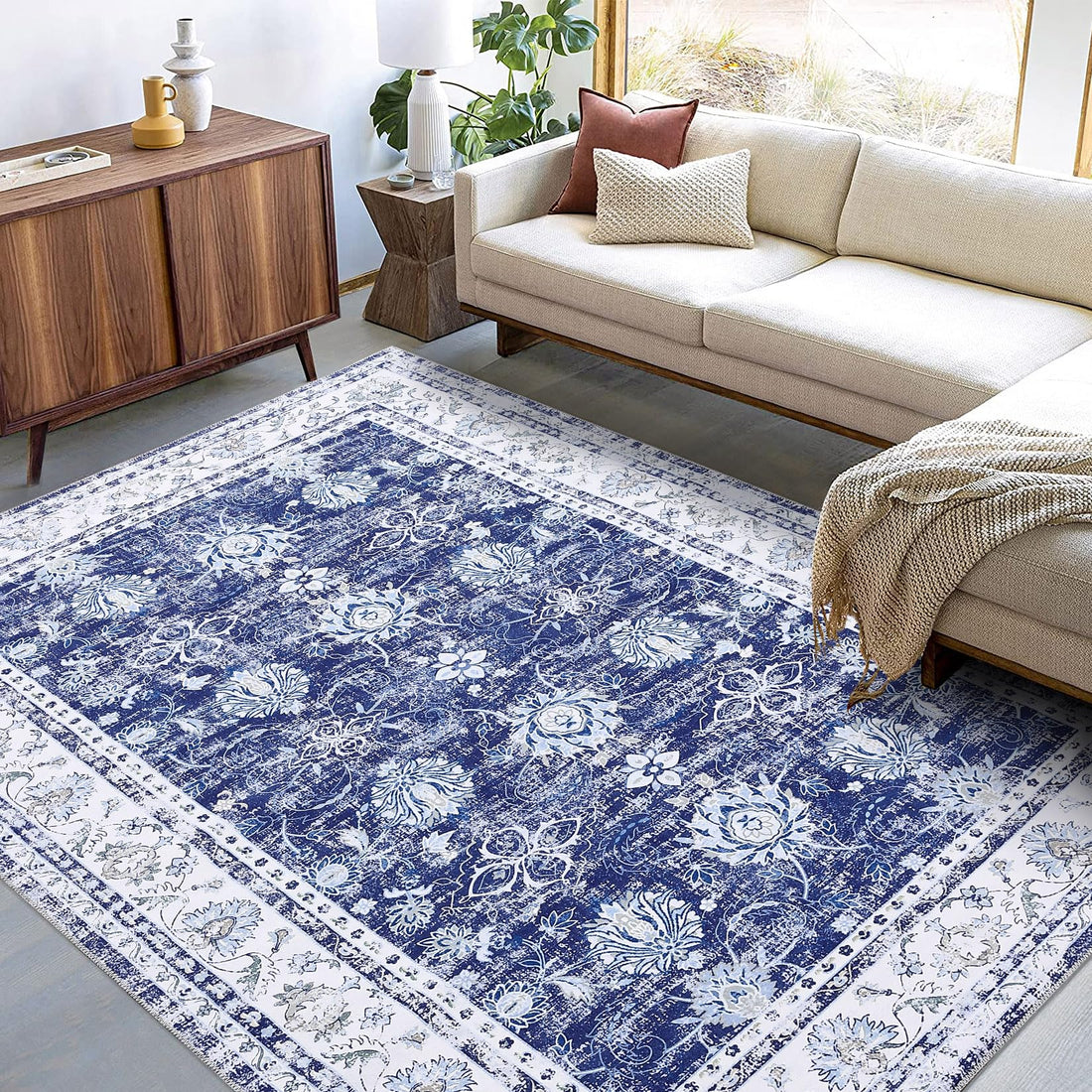Tappeto orientale Garvee, design vintage, 80x150 cm, blu navy, antiscivolo, a pelo corto, resistente alle macchie, per soggiorno, camera da letto, cucina