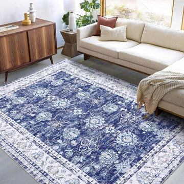 Tappeto orientale Garvee, design vintage, 80x150 cm, blu navy, antiscivolo, a pelo corto, resistente alle macchie, per soggiorno, camera da letto, cucina
