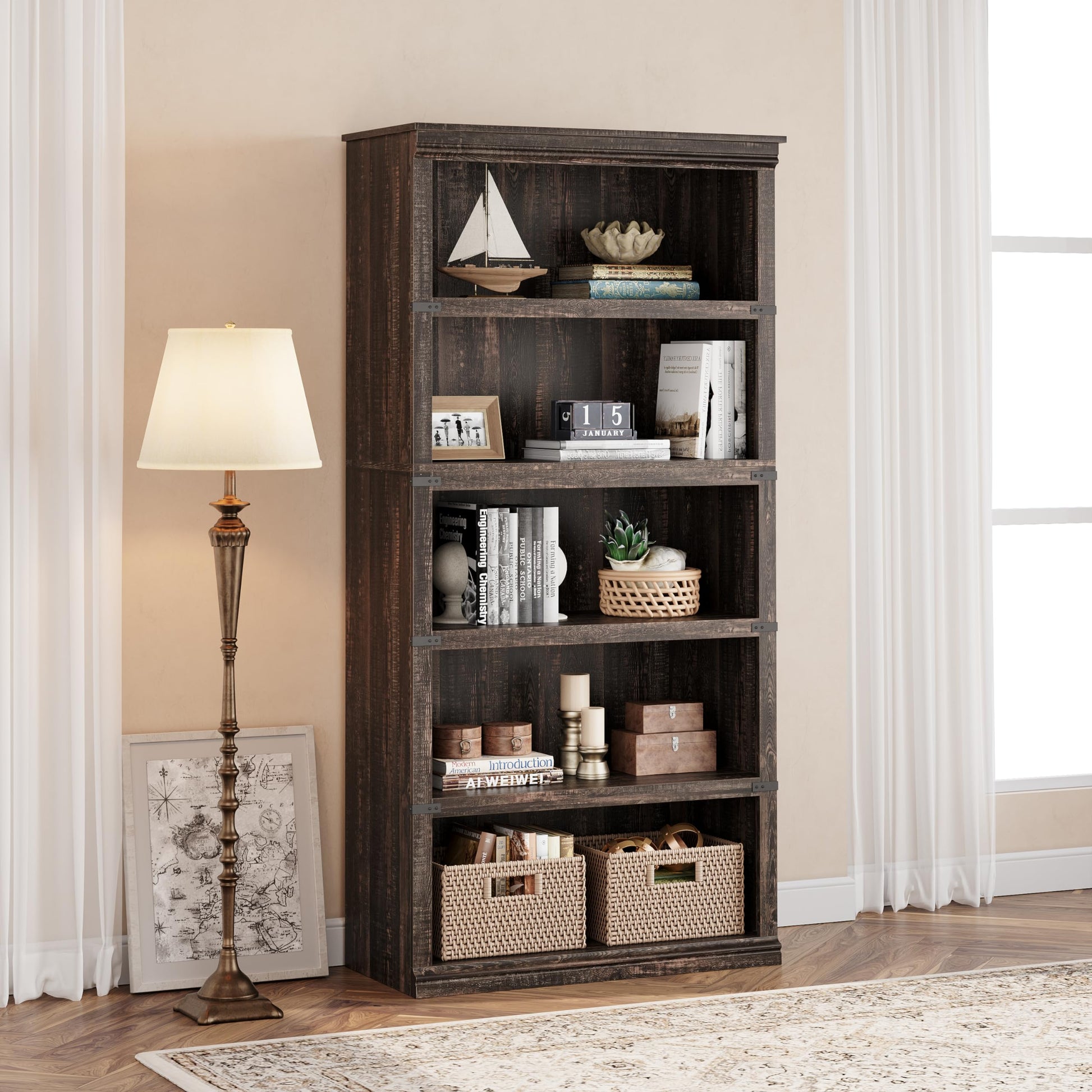 Libreria Garvee Triple Wide a 4 ripiani con robusta struttura in legno per soggiorno, 67,4" H x 31,5" W x 12,8" D, legno di ciliegio
