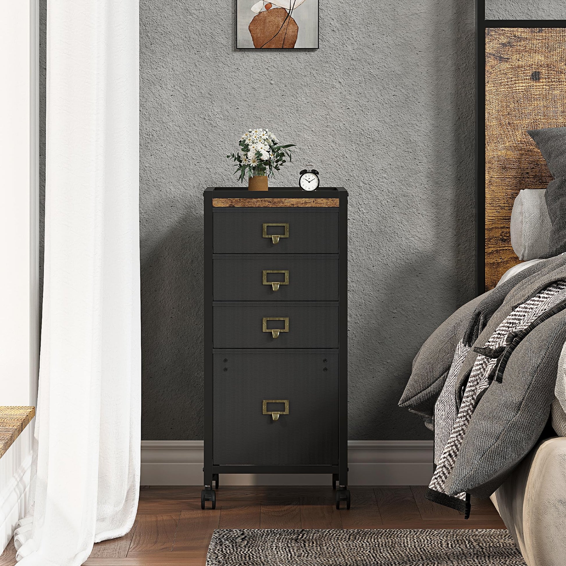 Scatola portadocumenti con ruote Garvee a 4 cassetti con struttura in metallo e superficie in MDF per ufficio e casa, leggera, robusta, impermeabile, nera