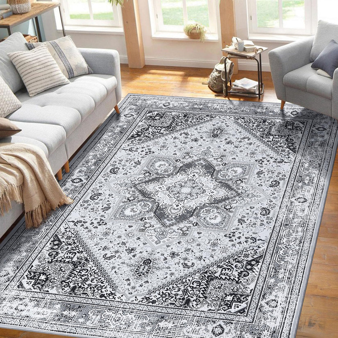 Garvee Teppich Vintage Boho Waschbar Rutschfest Weicher Flachflor Kaschmir-Polyester Grau 120x170cm Wohnzimmer Schlafzimmer