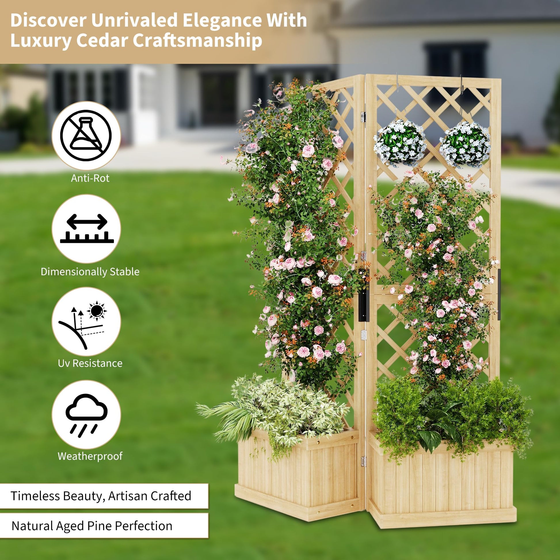 Garvee - Schermo per la privacy in legno di cedro con fioriera, 2 pezzi, resistente alle intemperie per patio e giardino, 41x10x65 pollici, naturale