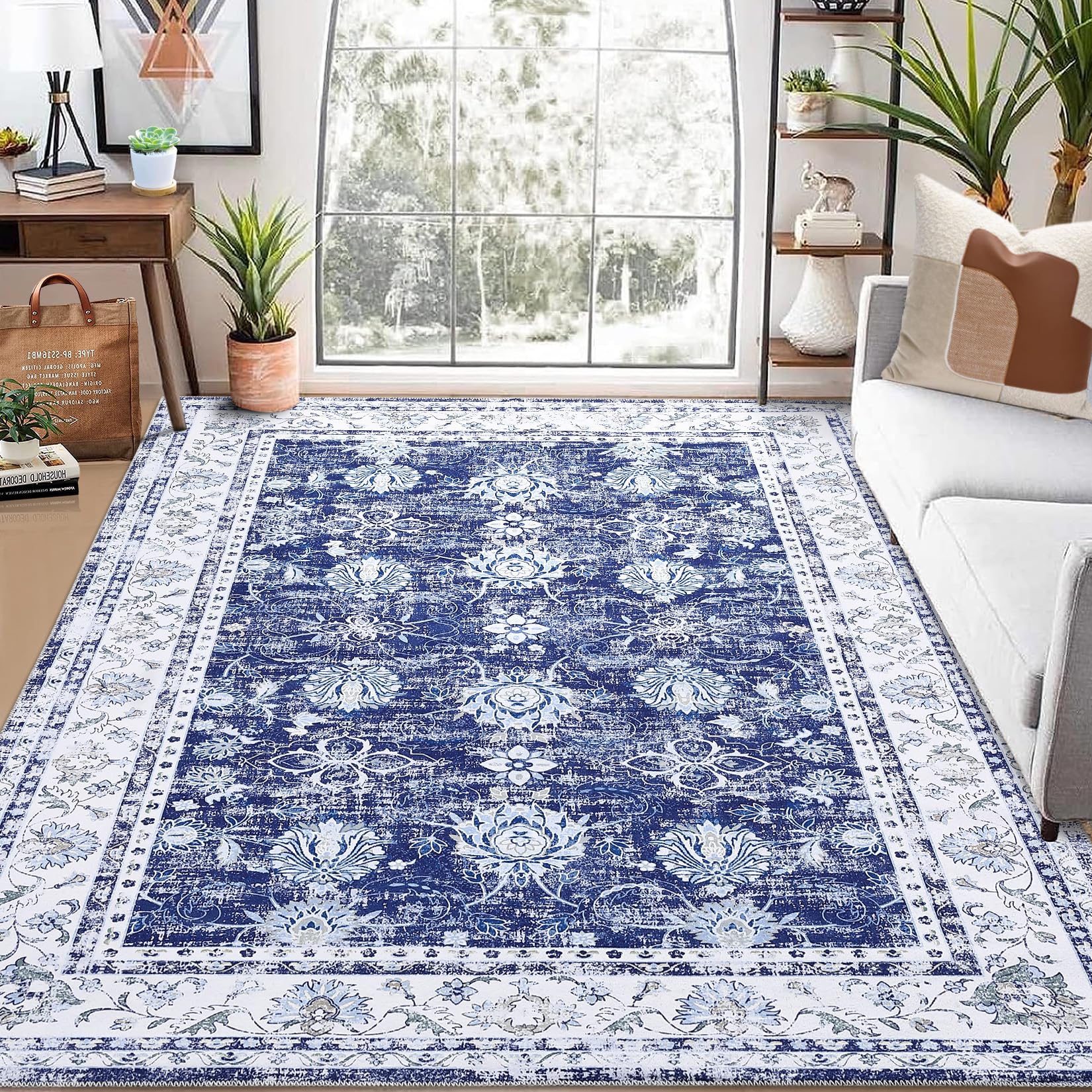 Tappeto Garvee lavabile in lavatrice 140 x 200 cm design vintage con supporto antiscivolo in TPR per soggiorno camera da letto blu