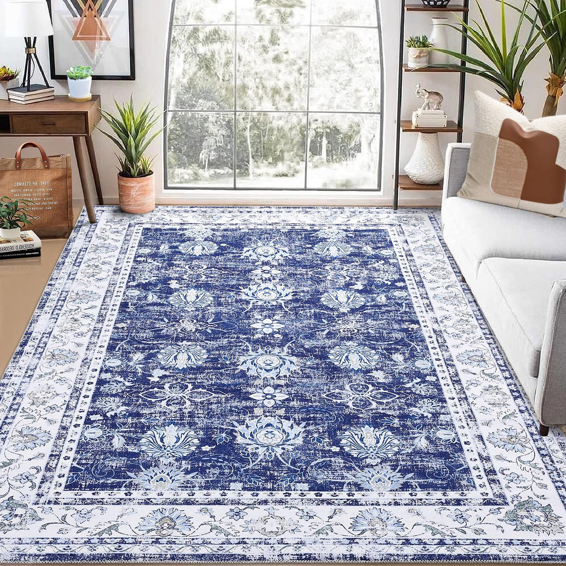 Tappeto da esterno Garvee Classic Vintage Traditional, antiscivolo, antimacchia, lavabile, 160x230 cm, blu navy