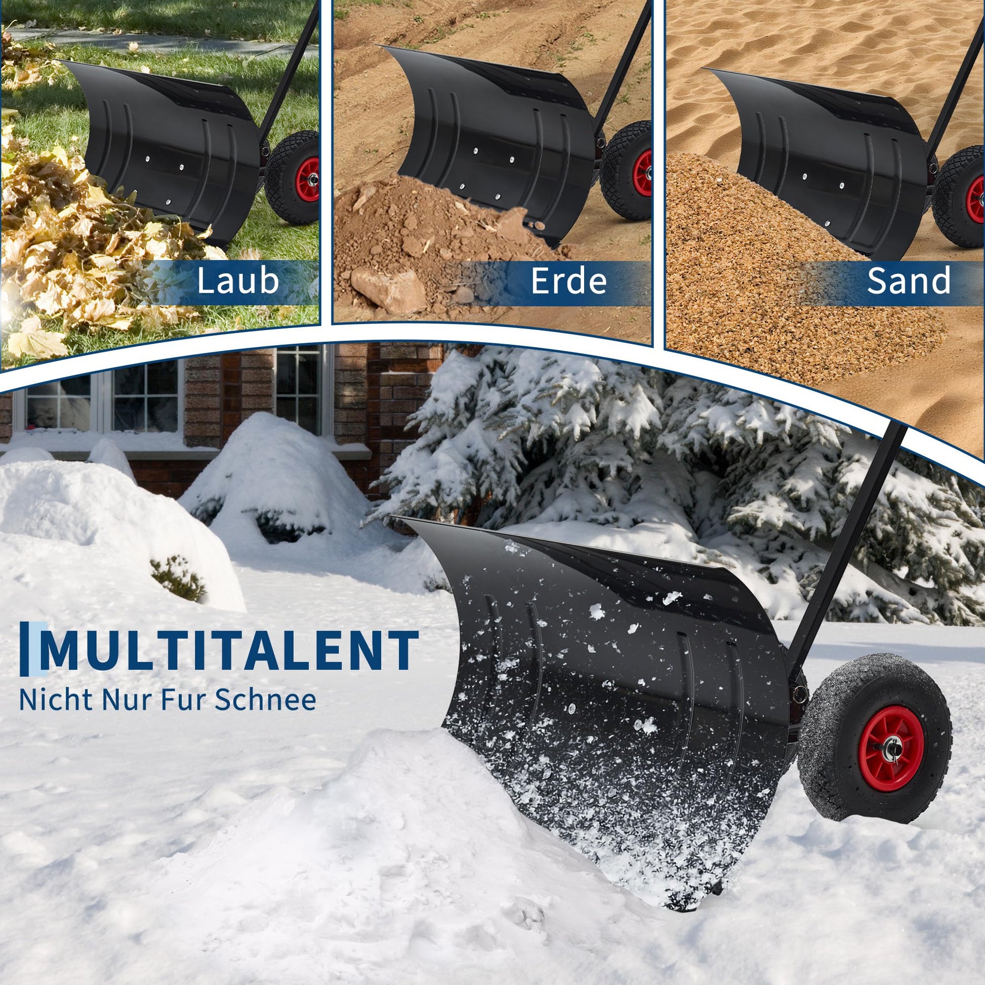 Garvee Höhenverstellbare Schneeschaufel Auf Rädern Ergonomisch Wetterfest Kaltgewalztes Eisen Zusammenklappbar 74cm Schwarz