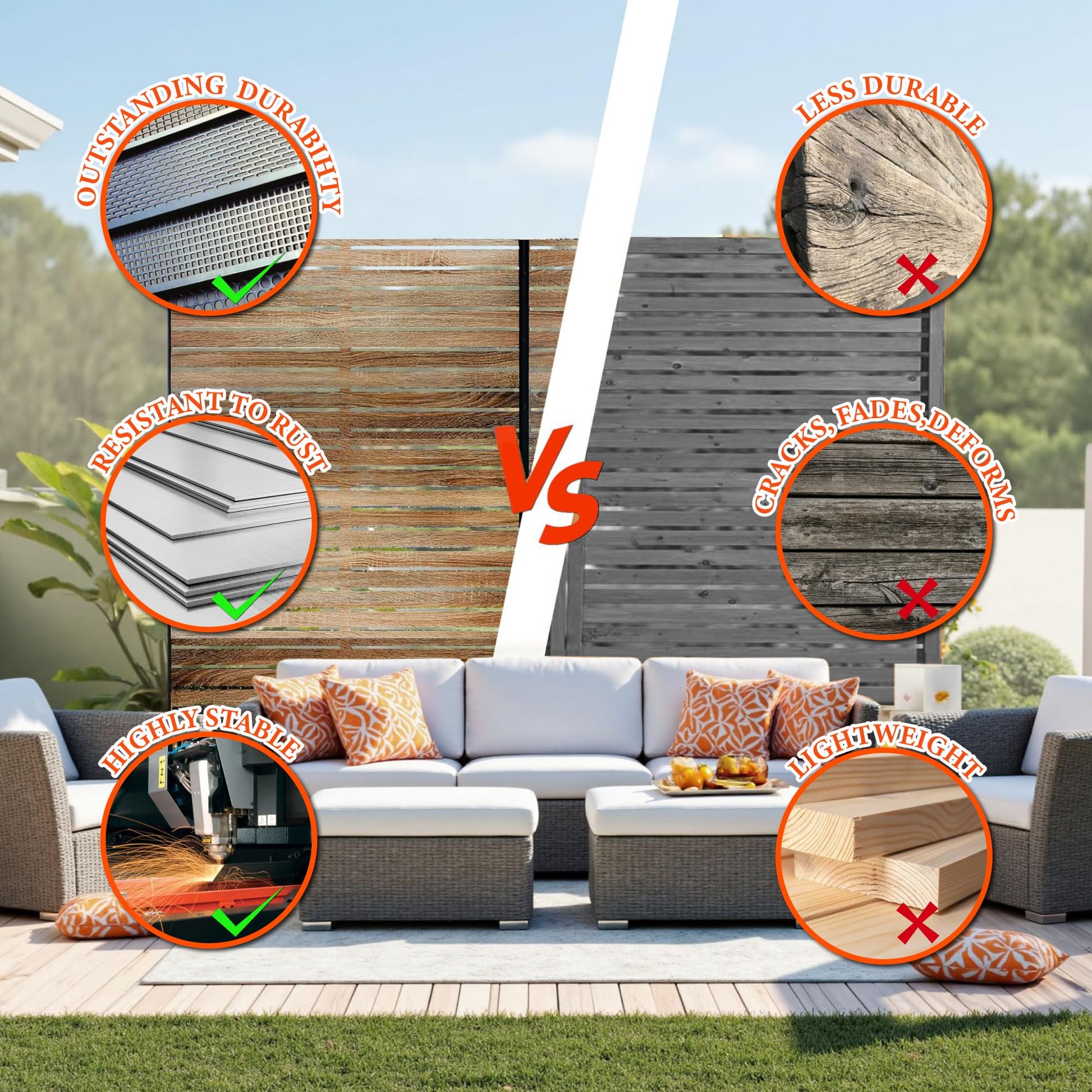 Garvee Metal Privacy Screen 72"x47" Robusto acciaio antiruggine autoportante per giardino e balcone