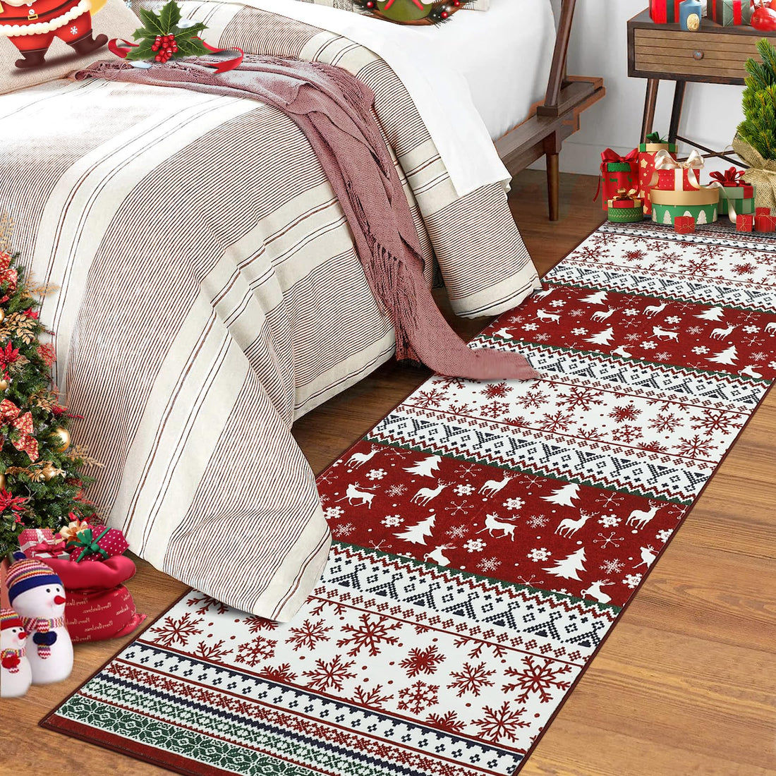 Tappeto natalizio Garvee 80x150 cm rosso-verde lavabile antiscivolo per soggiorno, camera da letto, cucina, cameretta dei bambini, ingresso, pelo corto