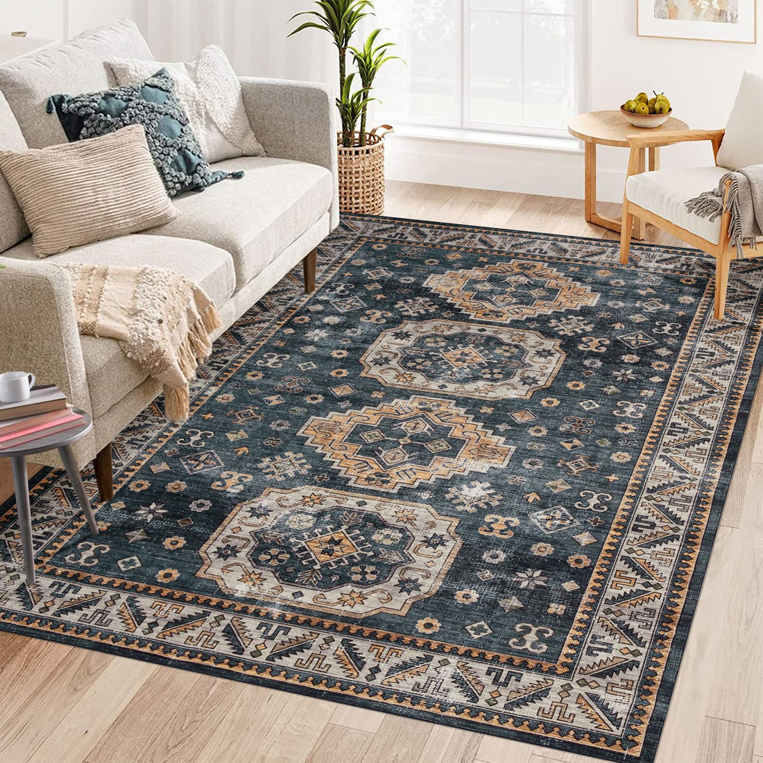 Tappeto vintage per soggiorno Garvee, morbido, lavabile, orientale, tradizionale, blu navy, 120 x 170 cm