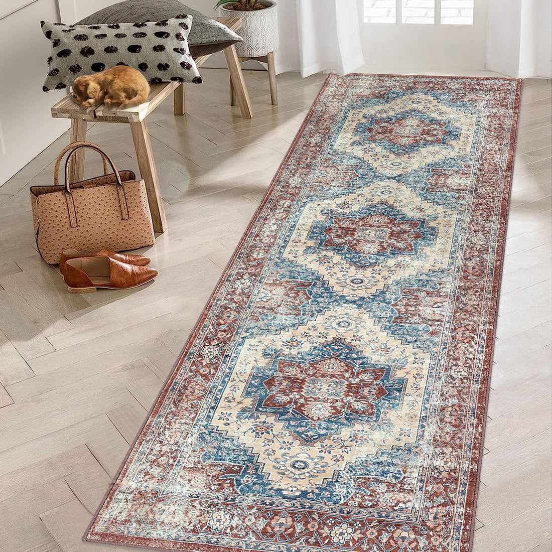 Tappeto vintage Garvee, rustico, 60x230 cm, antimacchia, lavabile, per corridoio, cucina, camera da letto, soggiorno, motivo floreale