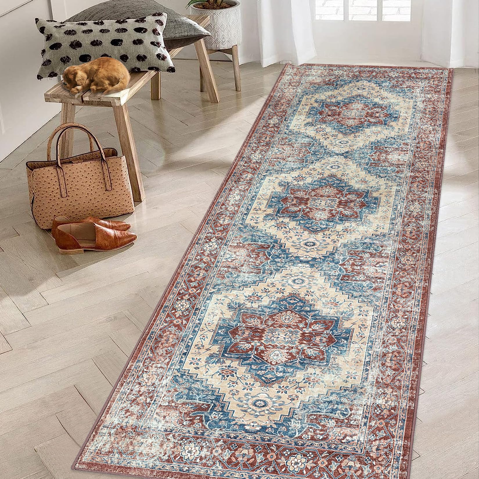 Tappeto vintage Garvee, rustico, 60x230 cm, antimacchia, lavabile, per corridoio, cucina, camera da letto, soggiorno, motivo floreale