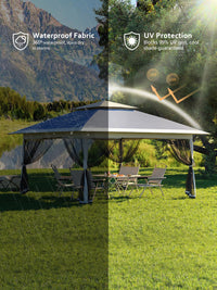 Gazebo pieghevole Garvee 13x13 con zanzariera, struttura in acciaio robusto, protezione UV UPF 50+, impermeabilizzazione, blu navy + grigio canapa, fisso in giardino