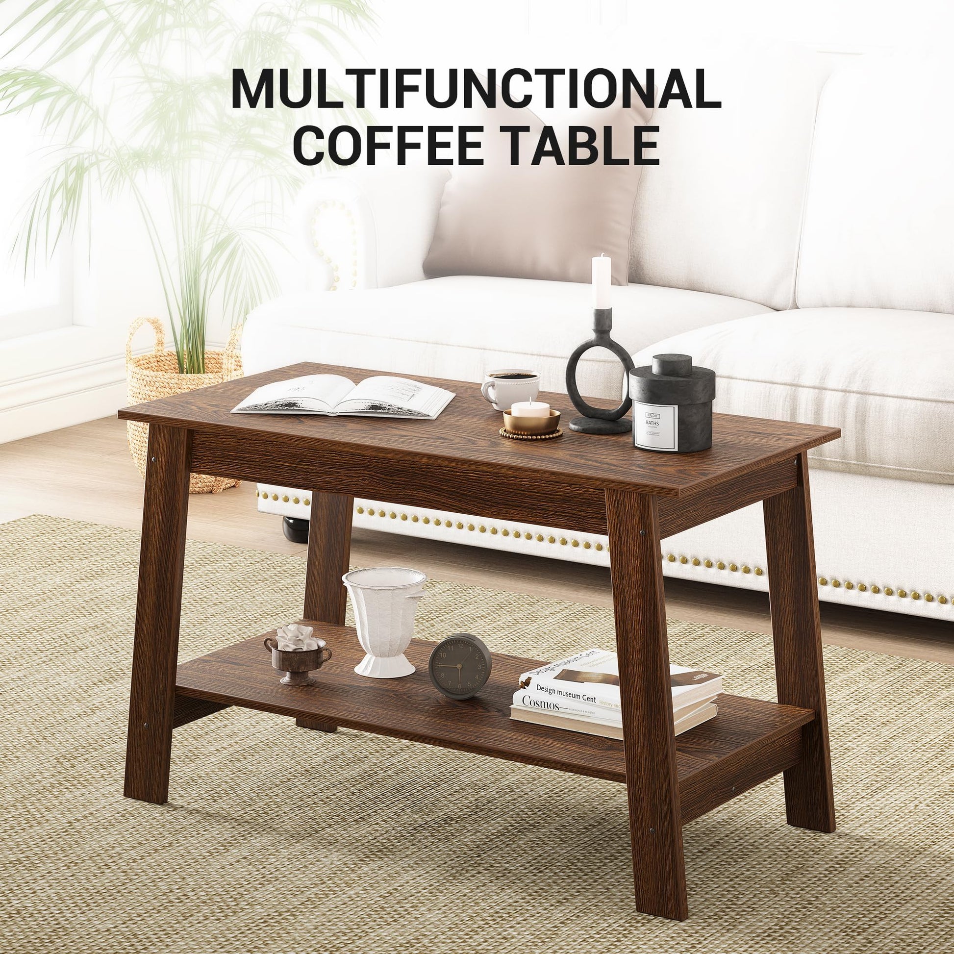 Tavolino da caffè Garvee da 31,49" in stile rustico, a 2 livelli, in legno, moderno, stile fattoria, rettangolare, in noce chiaro, per soggiorno, ufficio, camera da letto