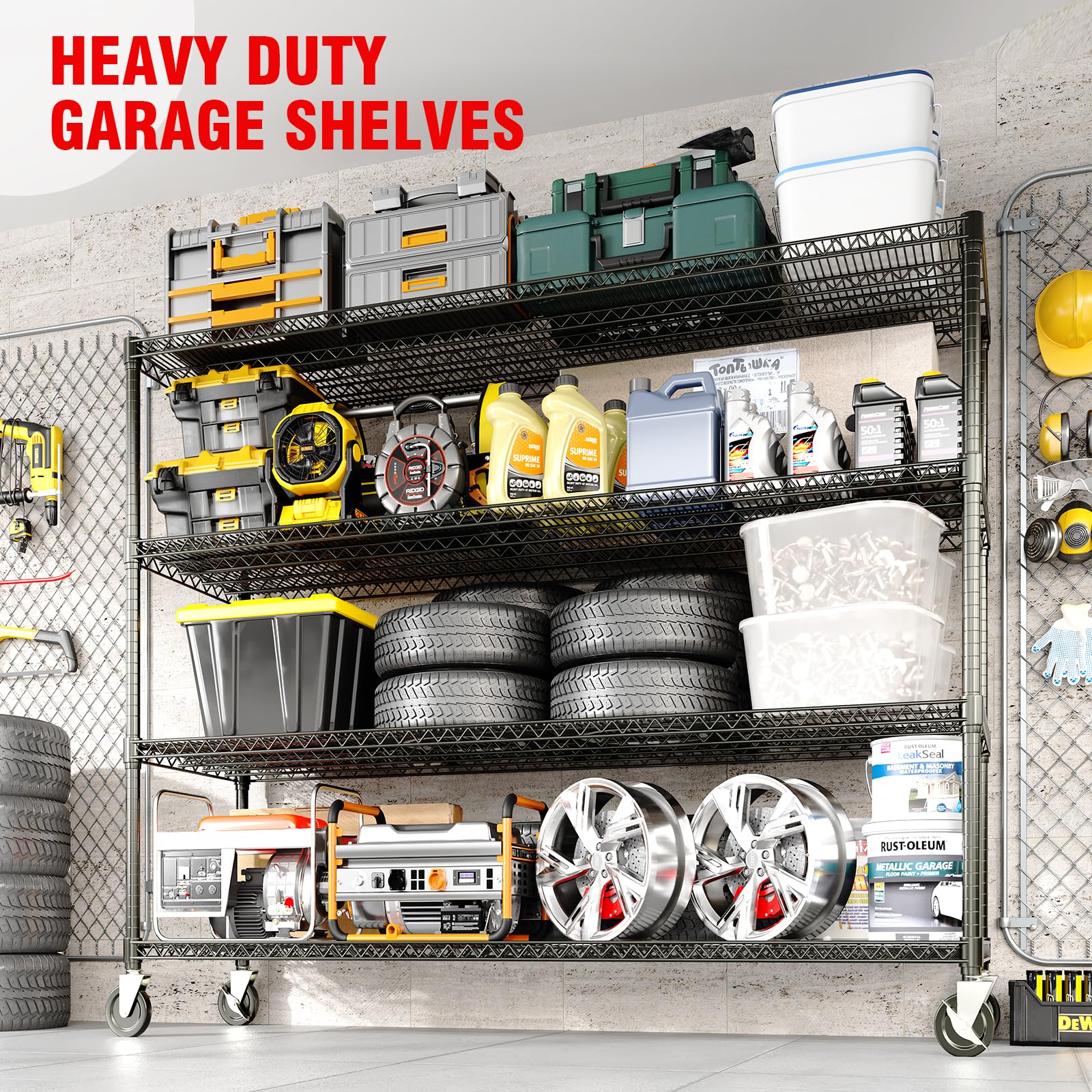 Garvee Scaffale portaoggetti per carichi pesanti da 73" di altezza, 2640 libbre, con ruote e piedini per garage e cucina, regolabile, acciaio al carbonio, 4 livelli, nero
