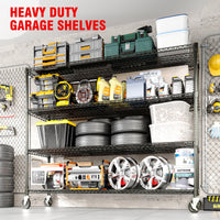 Garvee Scaffale portaoggetti per carichi pesanti da 73" di altezza, 2640 libbre, con ruote e piedini per garage e cucina, regolabile, acciaio al carbonio, 4 livelli, nero