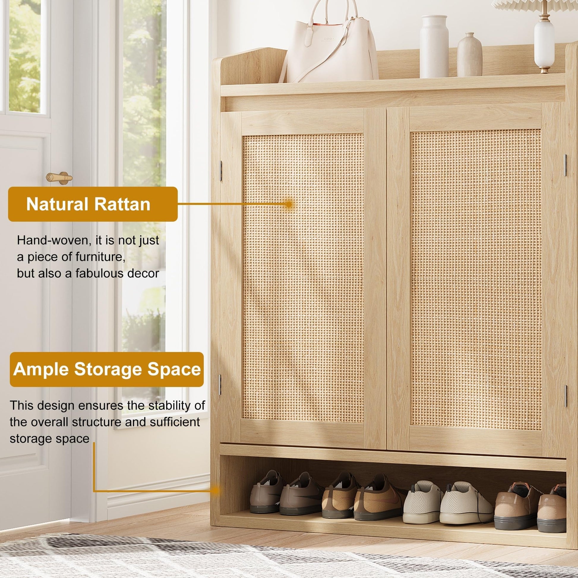 Garvee, moderno portascarpe in rattan con ripiani regolabili, in legno MDF, antipolvere per corridoio e soggiorno, 80,01 cm L x 40,01 cm W x 100,08 cm H, marrone boho e rustico