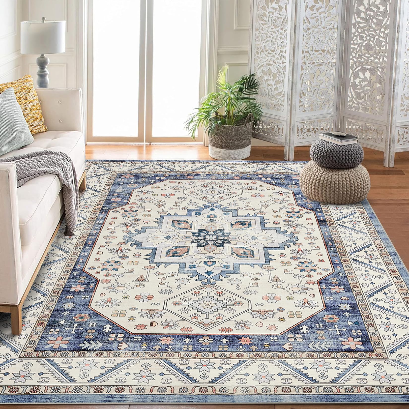 Tappeto vintage boho Garvee 160x230cm, antiscivolo, lavabile, morbido, a pelo corto, in finto cashmere, con supporto in gomma TPR, per soggiorno, camera da letto