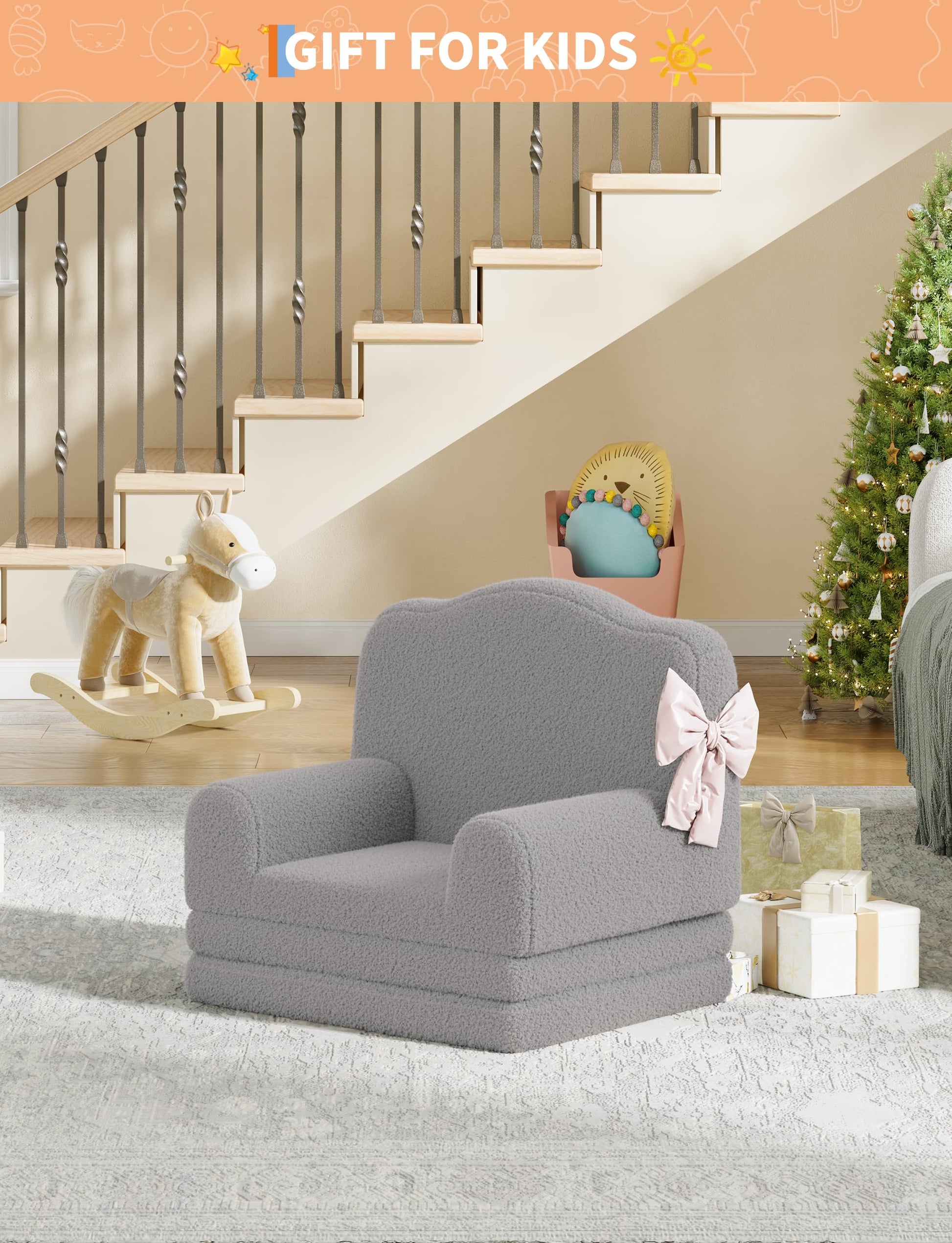 Divano per bambini Garvee 2 in 1 convertibile con elevato comfort, schiuma, morbido Sherpa, antiscivolo, grigio per sala giochi, leggero e sicuro