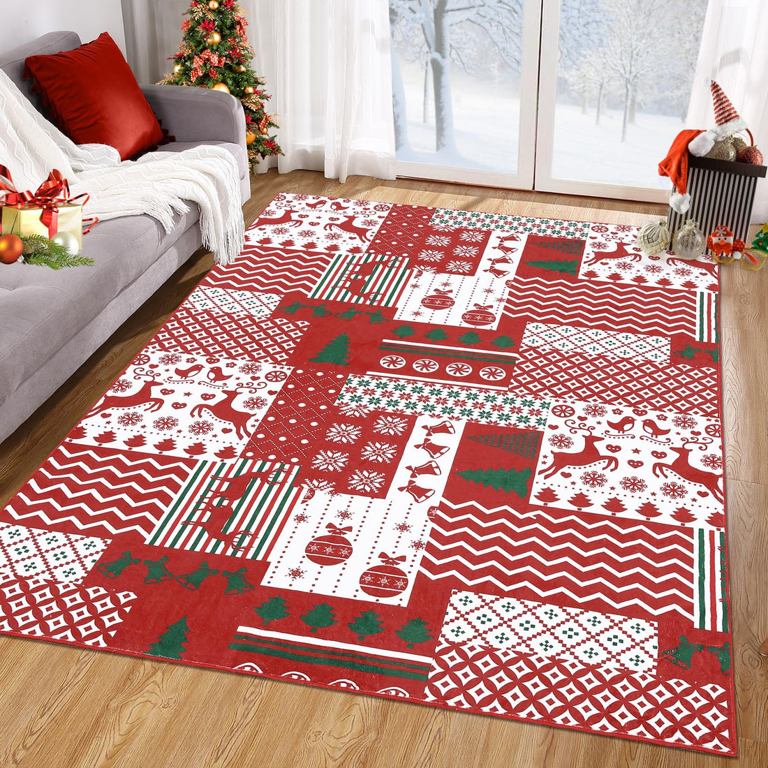 Garvee Tappeto Natalizio Antiscivolo Patchwork Rosso/Verde 120x170cm Per Soggiorno E Camera, Comfort E Sicurezza, Stile Boho Festivo